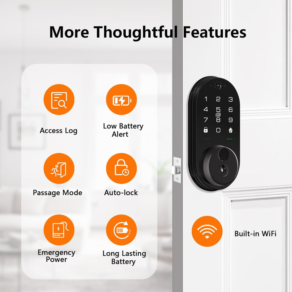 Smart Lock with Camera, Fingerprint Keyless Entry Deadbolt Lock, Built-in WiFi, Video Doorbell, Touchscreen Keypad, 2-Way Audio, Tuya APP, Waterproof, 8 AA Batteries, for Front Door