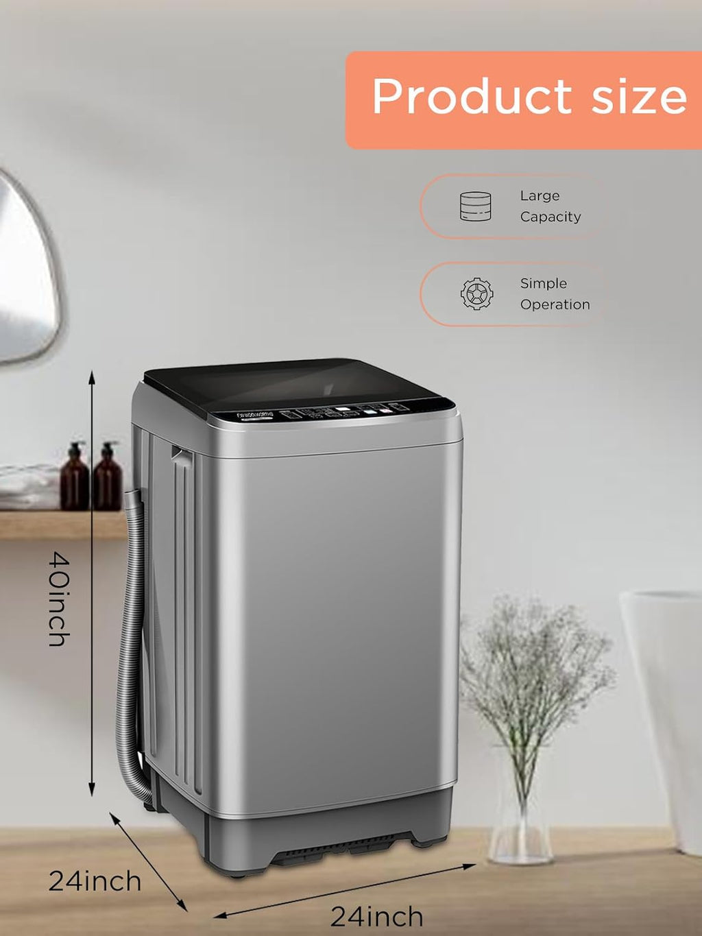 F.W.WOOLWORTHS 25 lbs Washing Machines with 10 Program 8 Water Level, Full Automatic Washer with Drain Pump & LED Display for Home, Apartment, Dorm, Grey