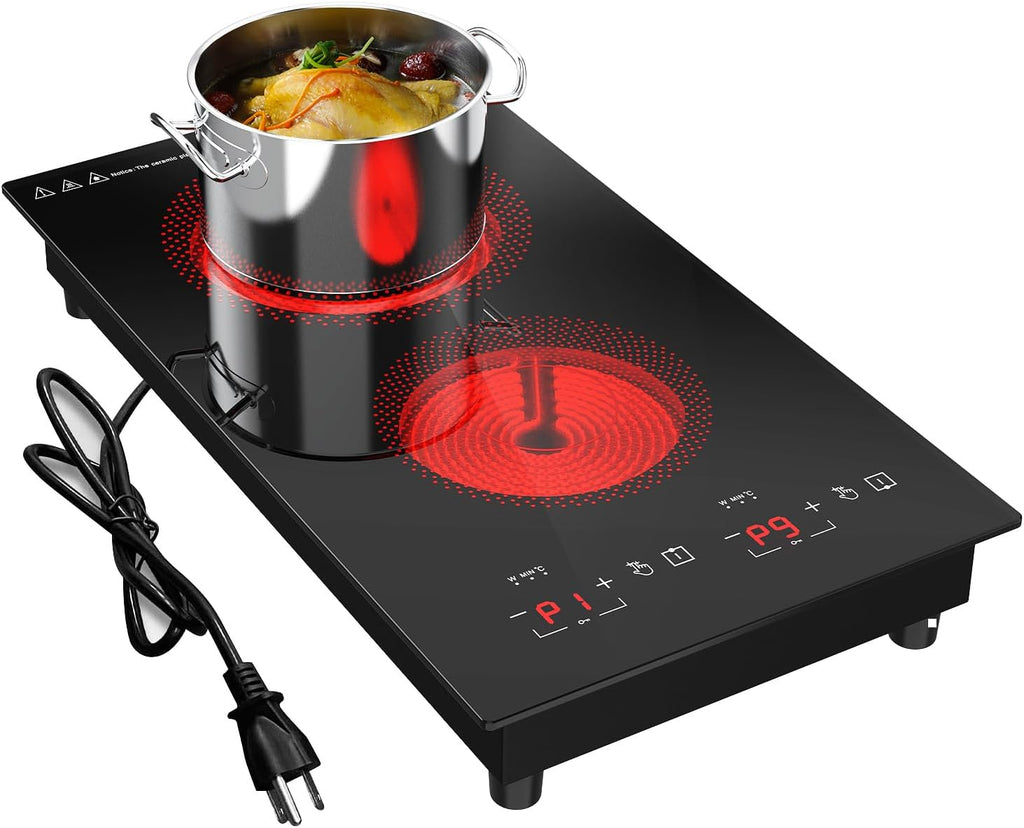 Electric Cooktop 2 Burner, 3000W Electric Stove Top 12' Plug in, 220-240V Burner Countertop and Bulit in,9 Power Levels,Suitable for All Pans,Infrared Burner