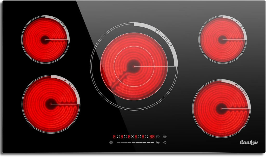36 Inch Electric Cooktop - Built-in(34.25'x19.3') 36 Inch Electrical Stove 240V, 9200W Five Burner Ceramic Cooktop, Slide-Touch Control, Timer, Safety Lock, Electric Stovetop, 220V Hard Wired