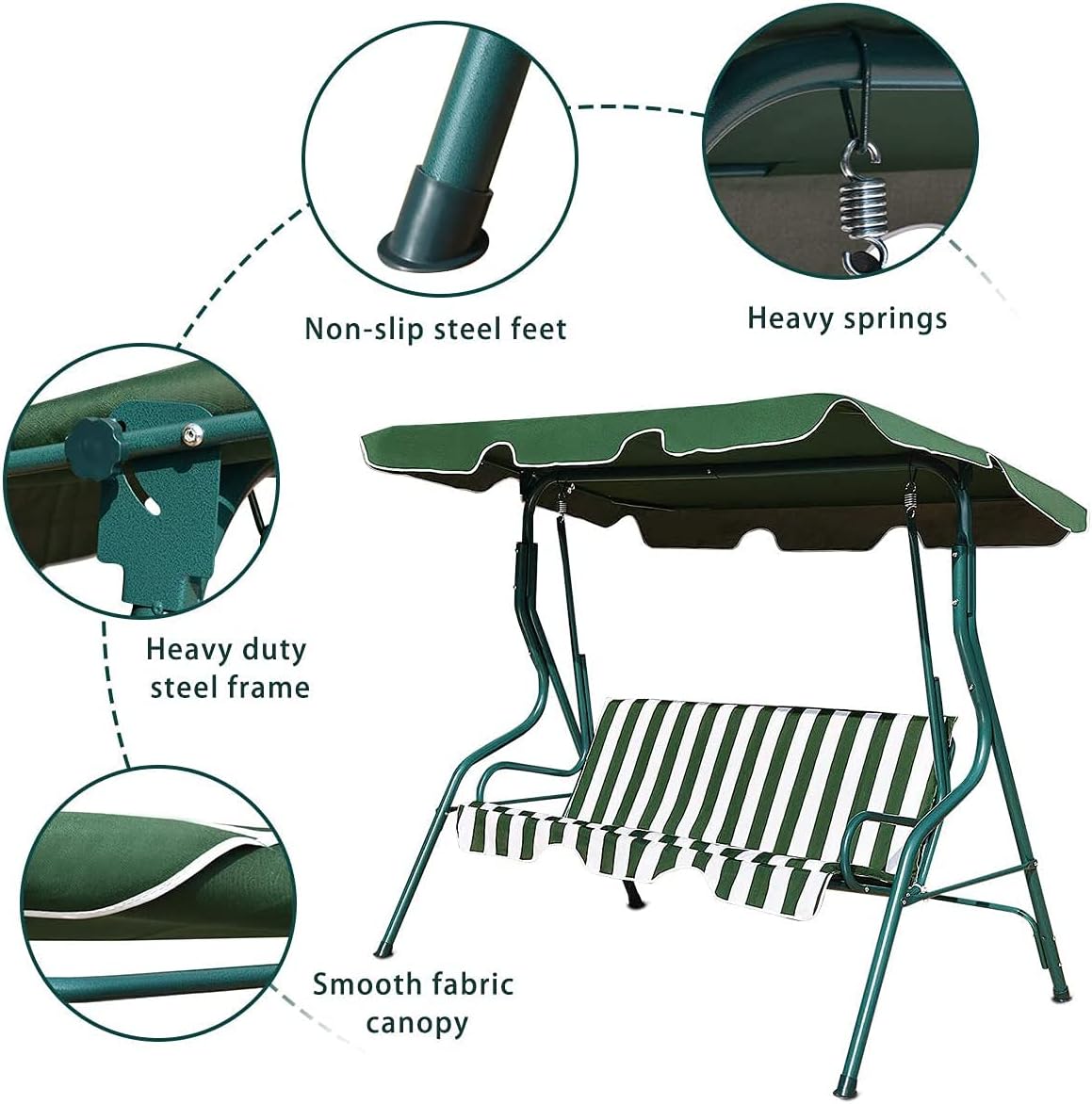 3-Seater Canopy Swing Chair, Waterproof Outdoor Swing Cushioned Seat with Adjustable & Removable Canopy, Steel Frame Polyester Fabric Oxford Cloth Patio Hammock Cover Top (Green)