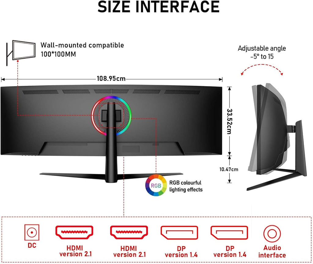 Gawfolk 45 inch Ultra-Wide Curved 1500R Gaming Computer Monitor, DQHD(5120×1440) PC Screen, 185Hz, 1MS, FreeSync, 120% sRGB, Built-in Speaker, HDMI2.1 & DP1.4, Compatible Wall Mount 100 * 00mm- Black