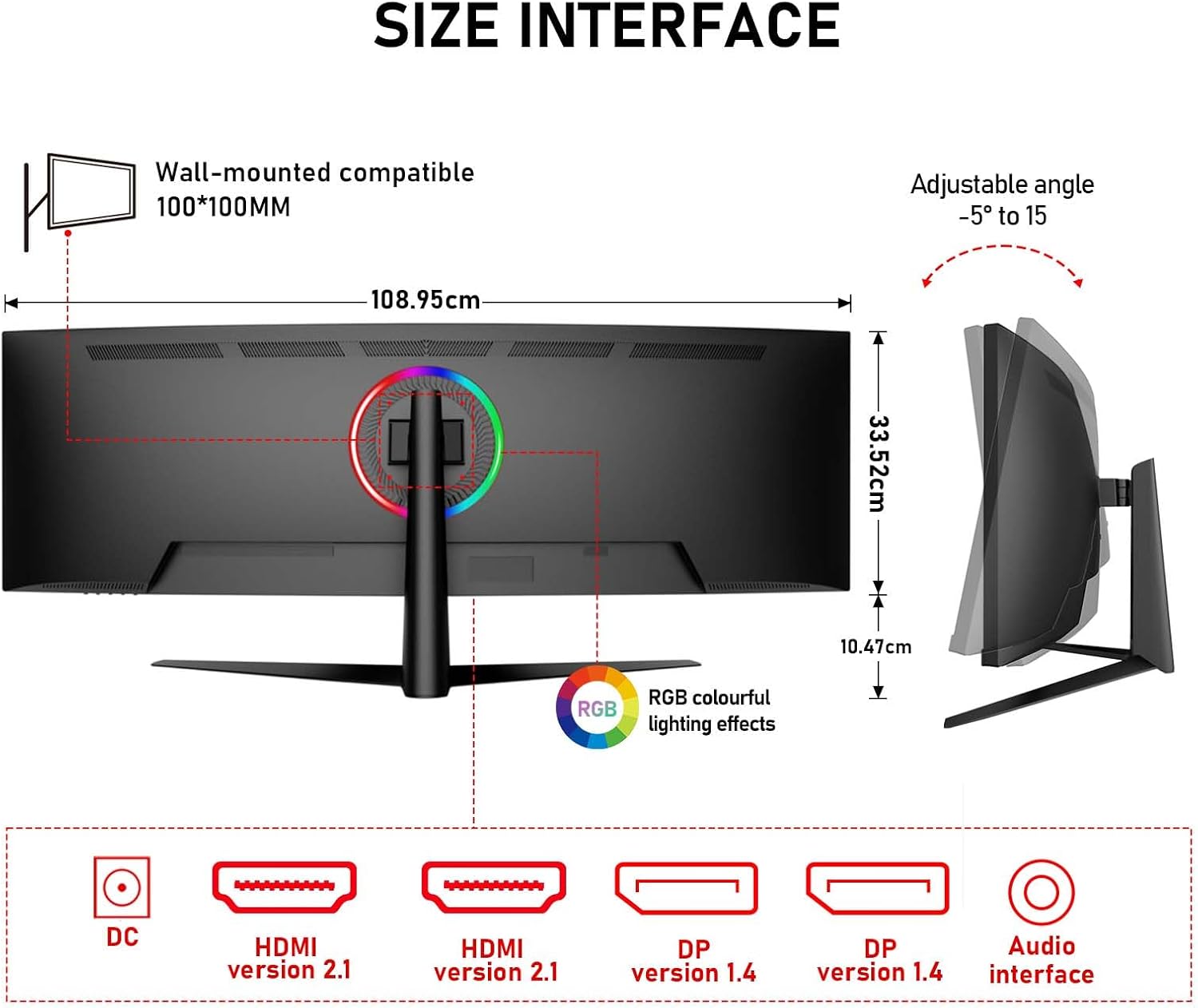 Gawfolk 45 inch Ultra-Wide Curved 1500R Gaming Computer Monitor, DQHD(5120×1440) PC Screen, 185Hz, 1MS, FreeSync, 120% sRGB, Built-in Speaker, HDMI2.1 & DP1.4, Compatible Wall Mount 100 * 00mm- Black