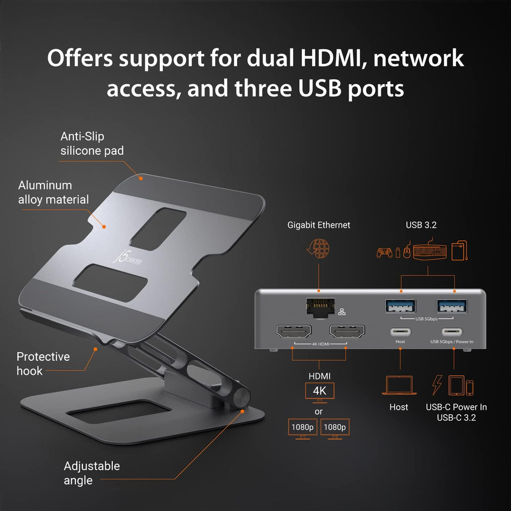 j5create Laptop Stand with USB C Dual HDMI Display Hub - 2 USB A 5Gbps, PD 100W with USB-C 5Gbps, Ethernet | Aluminum Computer Riser for MacBook and Windows Notebook (JTS427)