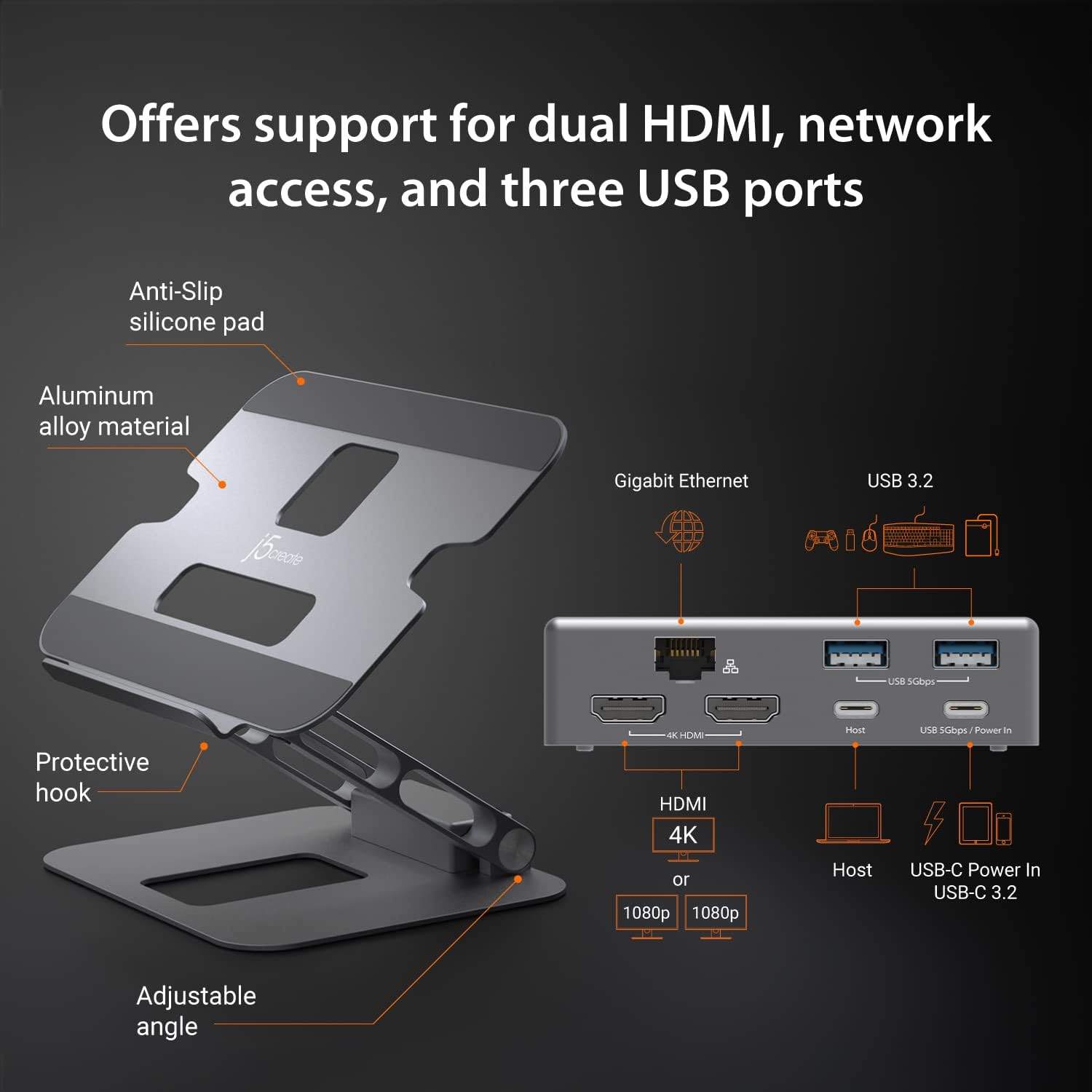 j5create Laptop Stand with USB C Dual HDMI Display Hub - 2 USB A 5Gbps, PD 100W with USB-C 5Gbps, Ethernet | Aluminum Computer Riser for MacBook and Windows Notebook (JTS427)