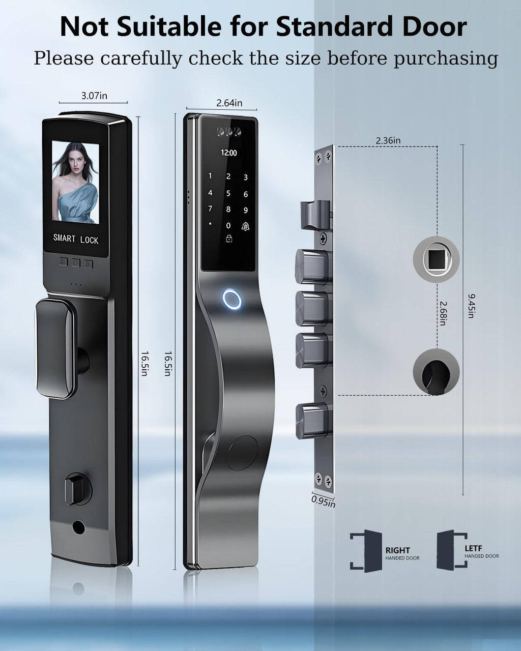 3D Face Recognition Door Lock with Lockbody, Video Smart Lock with Camera&Doorbell, Front Door Keyless Entry Lock, WiFi&Tuya APP Control/Fingerprint/IC Card/Password/Keys