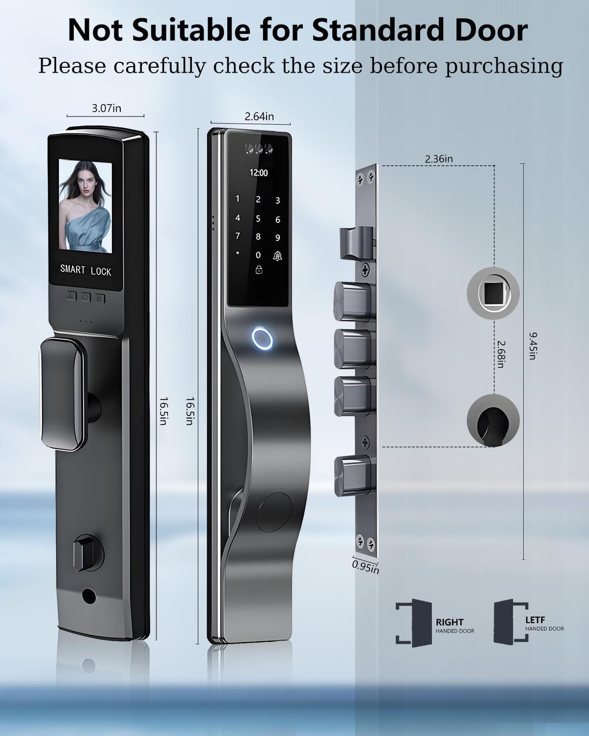 3D Face Recognition Door Lock with Lockbody, Video Smart Lock with Camera&Doorbell, Front Door Keyless Entry Lock, WiFi&Tuya APP Control/Fingerprint/IC Card/Password/Keys