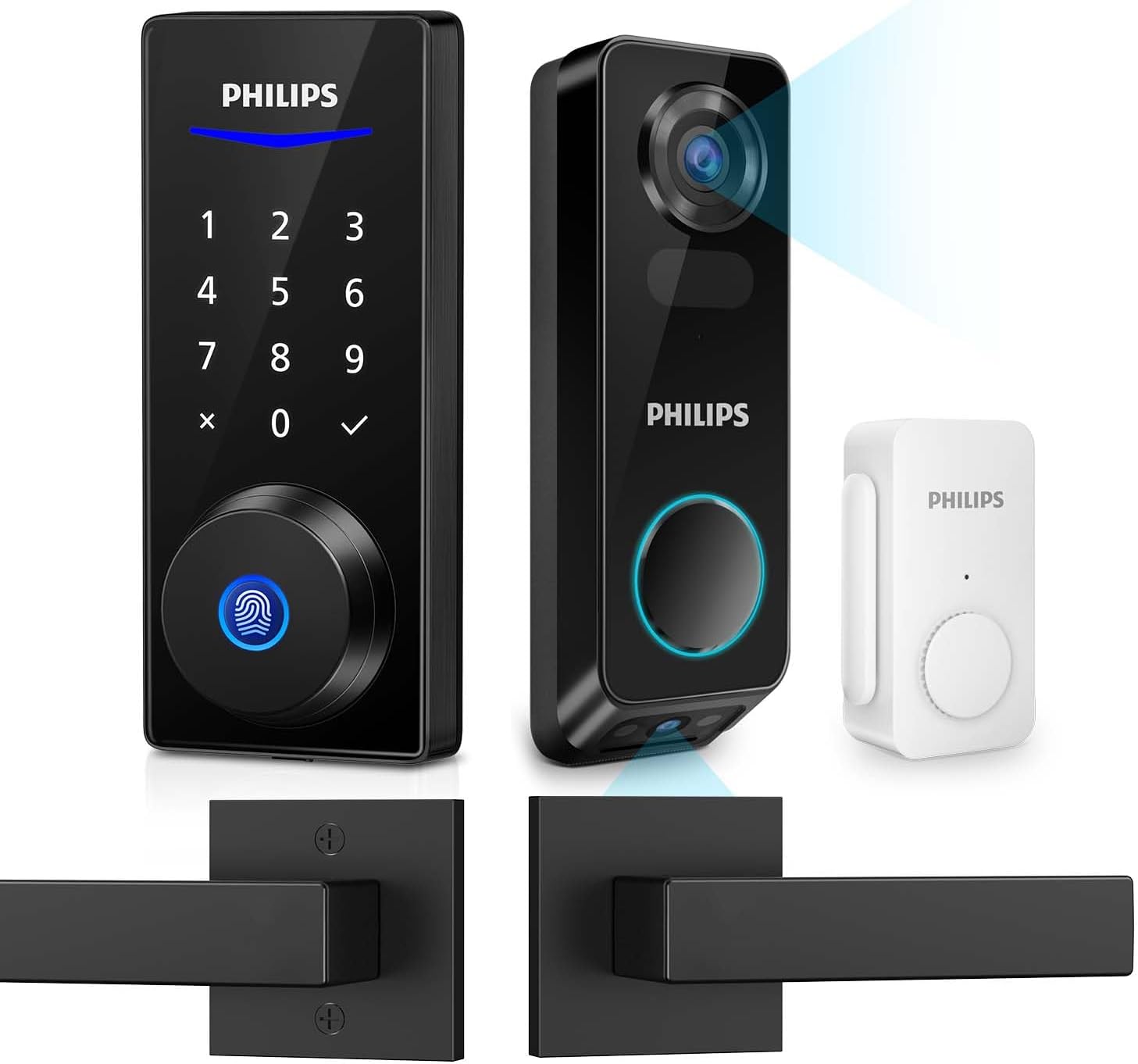Philips Fingerprint Smart Lock with 2 Lever, Wireless Dual Camera Video Doorbell+ Keyless Entry Door Lock Deadbolt,2K HD Camera,No Monthly Fee