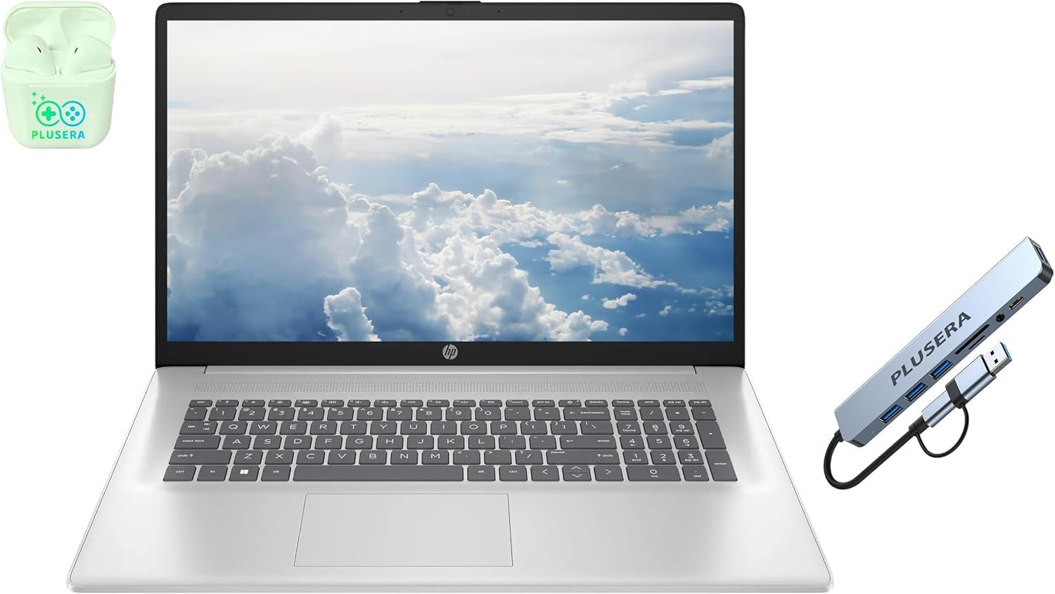 HP 17.3' FHD Business & Student Laptop Computer, 32GB RAM 1.5TB Storage (1TB SSD+512GB Docking Station Set), 6-Cores AMD Ryzen 5 Processor, Windows 11, Numeric Keypad, PLUSERA Earphones, Silver