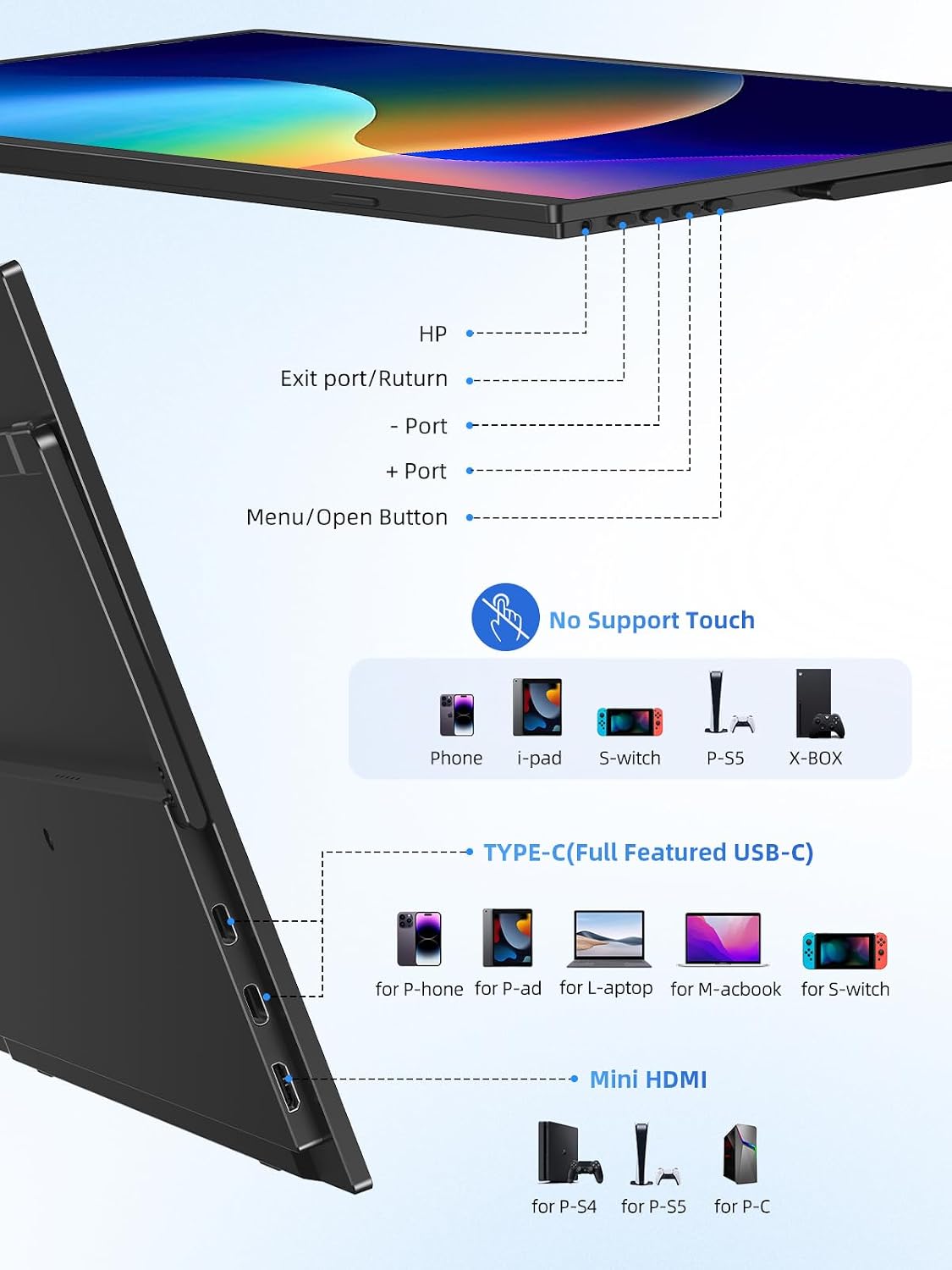 UPERFECT Portable Monitor Touchscreen 15.6 Inch 125% sRGB Travel Monitor Built-in Adjustable Stand, Speaker, VESA Mountable, USB-C HDMI Ultra-Slim Second Screen for Laptop Mac-Book Phone Game Console