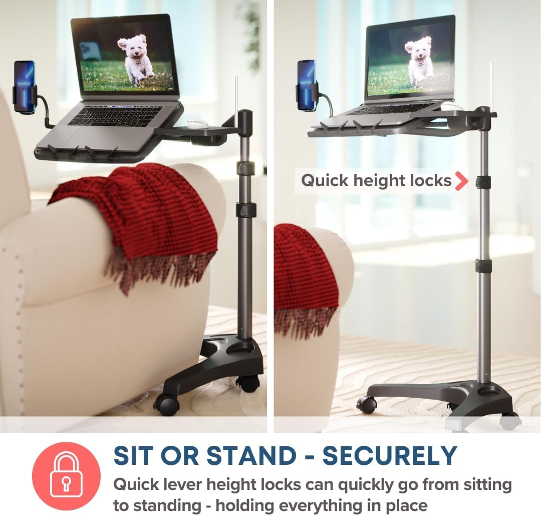 LEVO G2 V16 Rolling Laptop Workstation Stand Cart with Mouse Tray and Phone Holder for Bed Couch Recliner or Chair, Adjustable Mobile Desk for Remote Office Reading and Study