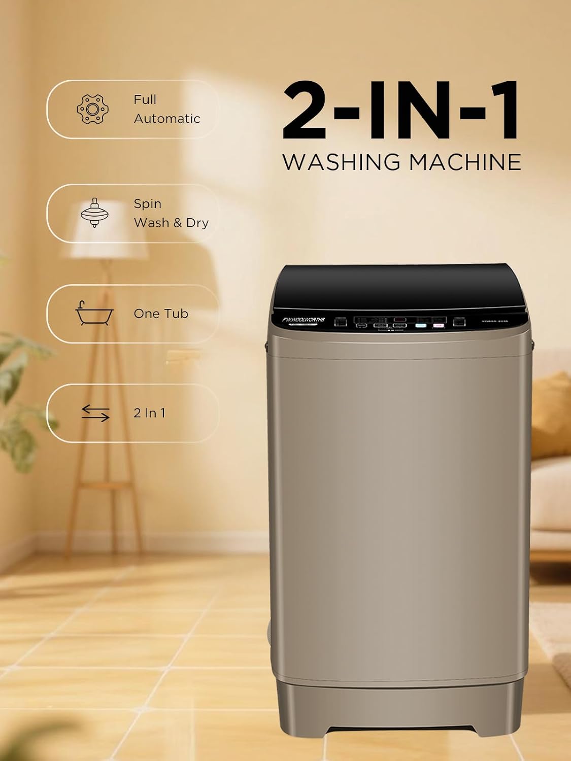 F.W.WOOLWORTHS 17.7 lbs Washing Machine with Drain Pump, Full Automatic Washer with 10 Wash Programs 8 Water Levels for Home, Apartment, RVs, Dorm, Glod
