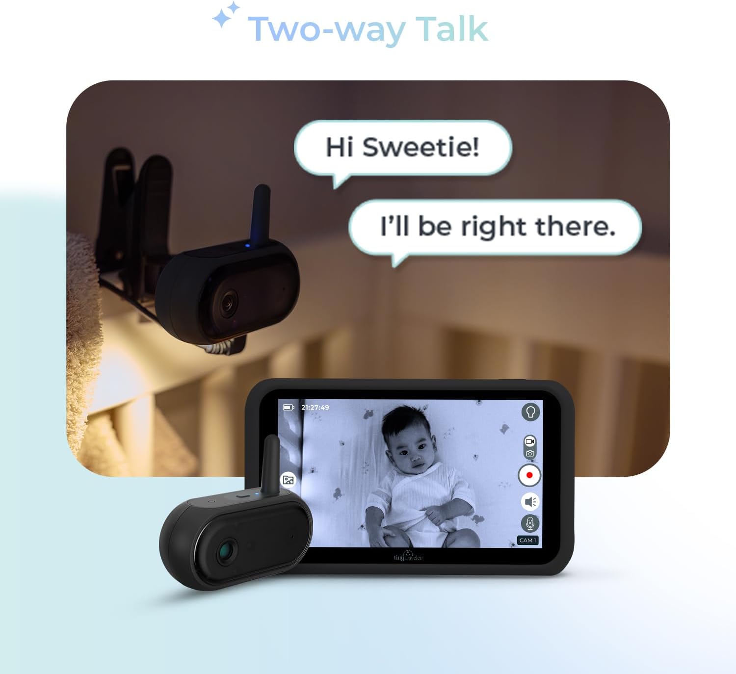 Tiny Traveler Ai Smart Wireless Baby Car Monitor (TT006B) - AI-Powered Safety Alerts: Cry/Laugh/Stand Detection, Virtual Fense, Long Range 1000ft Night Vision Lullabies Night Light - Black