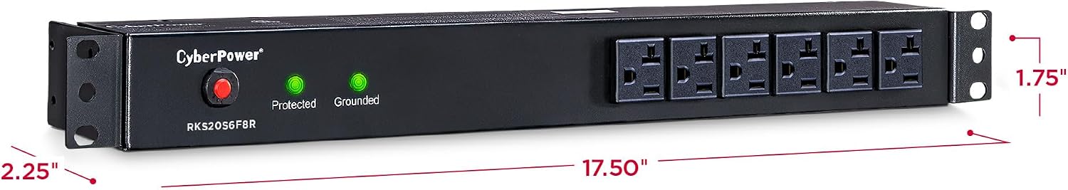 CyberPower RKBS20S6F8R Rackbar Surge Protector, 20A 120V, 14 NEMA 5-20R Outlets (6 Front, 8 Rear), 1U Rackmount, NEMA 5-20P Plug, 15 ft Cord, 1800J Surge Protection, EMI/RFI Filter, Metal Housing