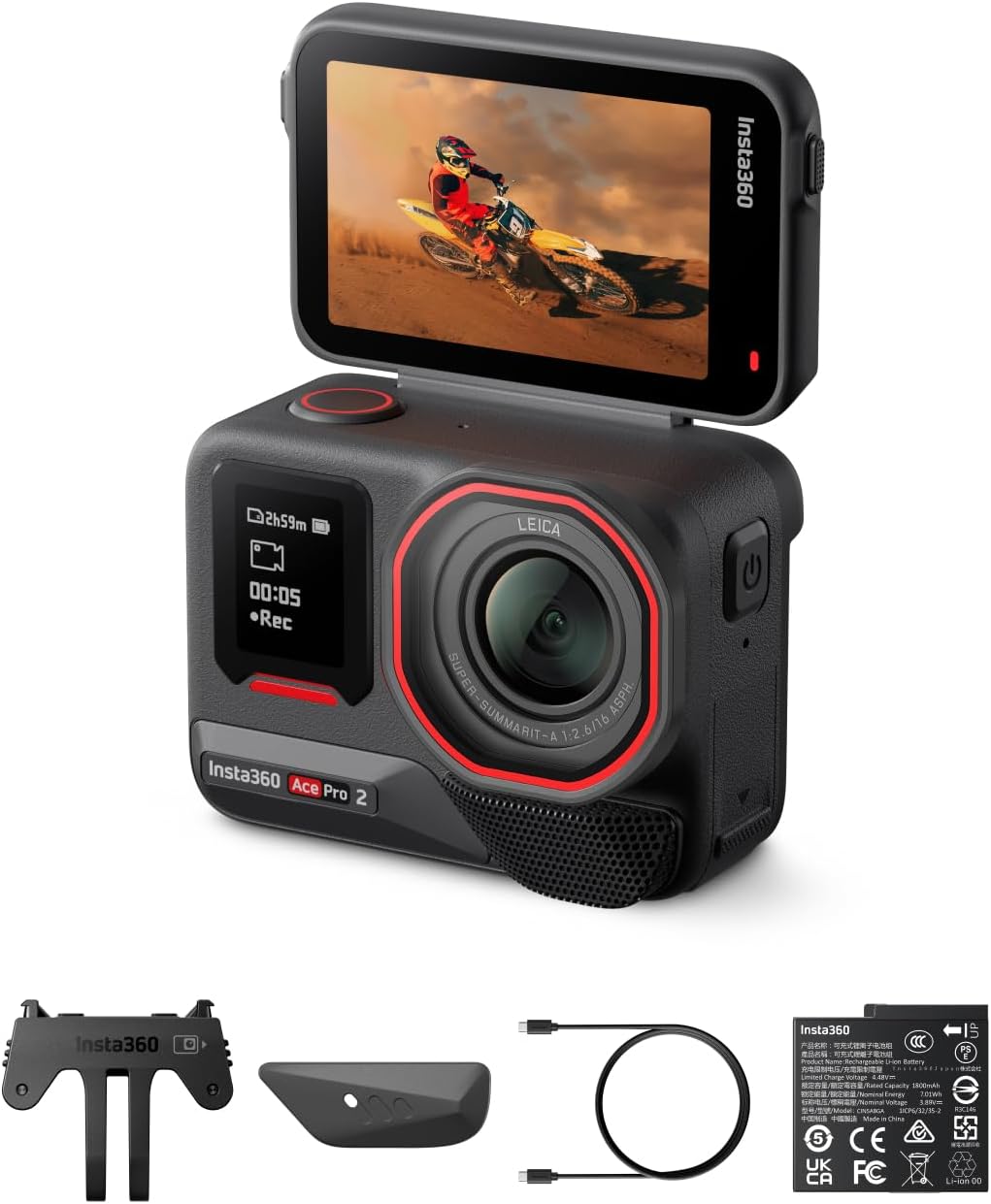 Insta360 Ace Pro 2 Single Battery Bundle - 8K Waterproof Action Camera Co-Engineered with Leica, 1/1.3' Sensor, Dual AI Chip, Leading Low Light, Superior Audio, Flip Screen & AI Editing for Vlogs