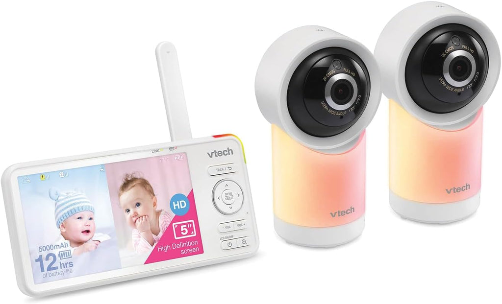 VTech RM5766-2HD RM57662HD Smart Wi-Fi 1080p 2-Camera 360°-Pan-and-Tilt Video Baby Monitor System with 5-in. Display, Night-Light, and Remote Access, White