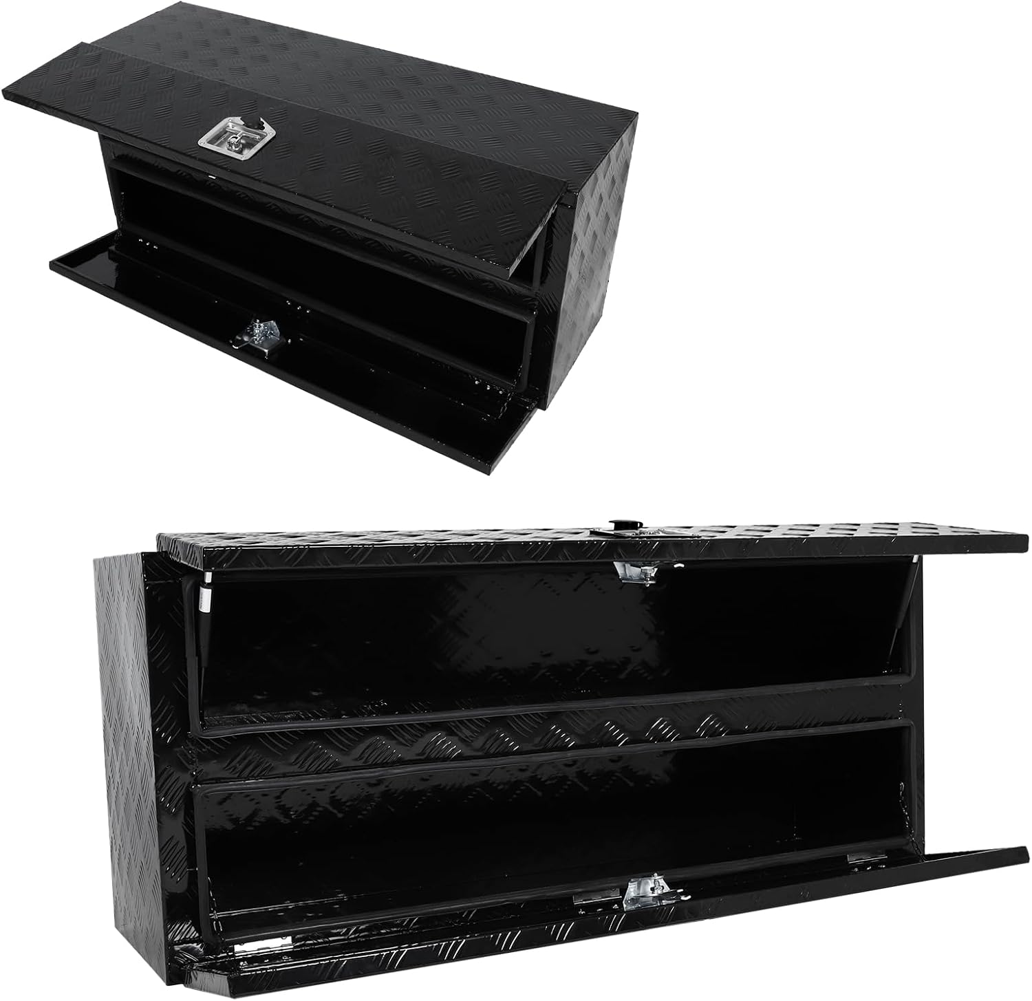 Aluminum Truck Tool Box w/Two Door,5 Bar Tread Truck Storage box w/Lock For Organization,Multifunction Black 48'x21'x15' Truck Toolboxes, For Truck,Trailer,RVs,Toolroom,Garage.