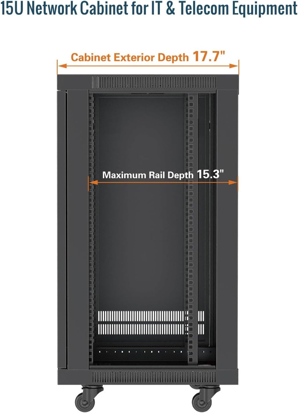 Tecmojo 15U Wall Mount Rack,15U Rack 17.7 Inch Depth,Hold Up to 176 Lbs,Enclosed Wall Mount Rack Kit for 19 Inch Network,Server and AV Gear,Glass Door(Elite Collection)