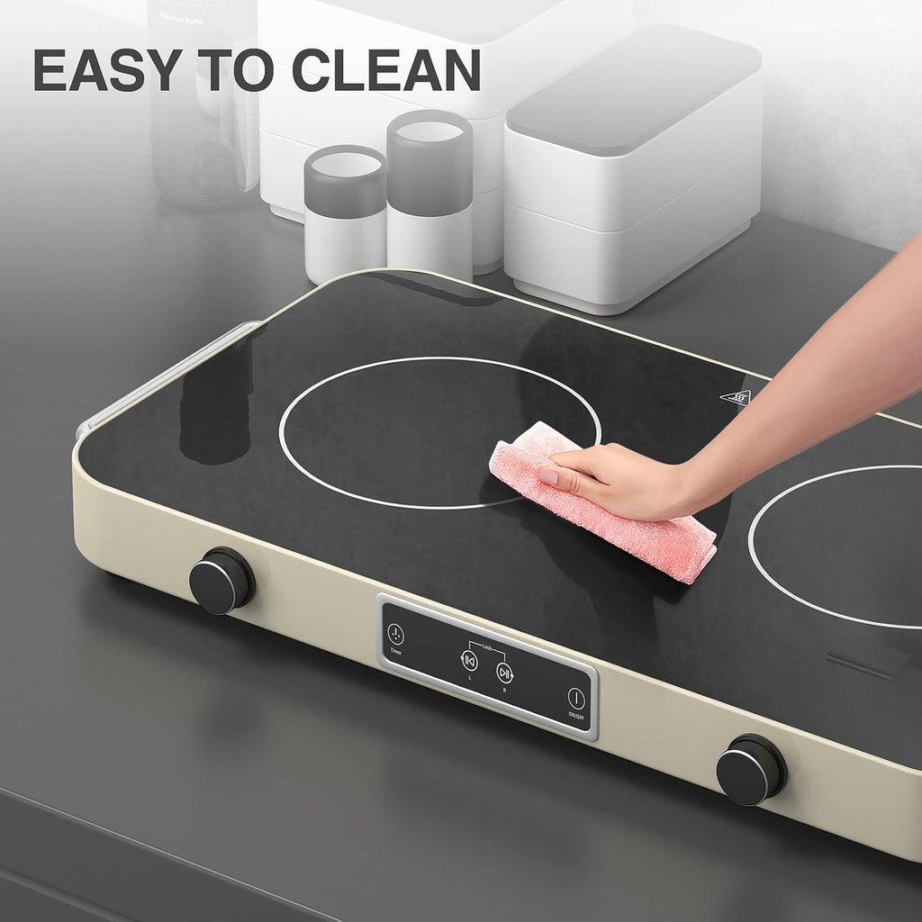 Electric Cooktop, Portable Electric Stove 110V 2 Burners 9 Heating Levels with 2 Handle, 2200W Knob Control Child Safety Lock & Timer (Portable)
