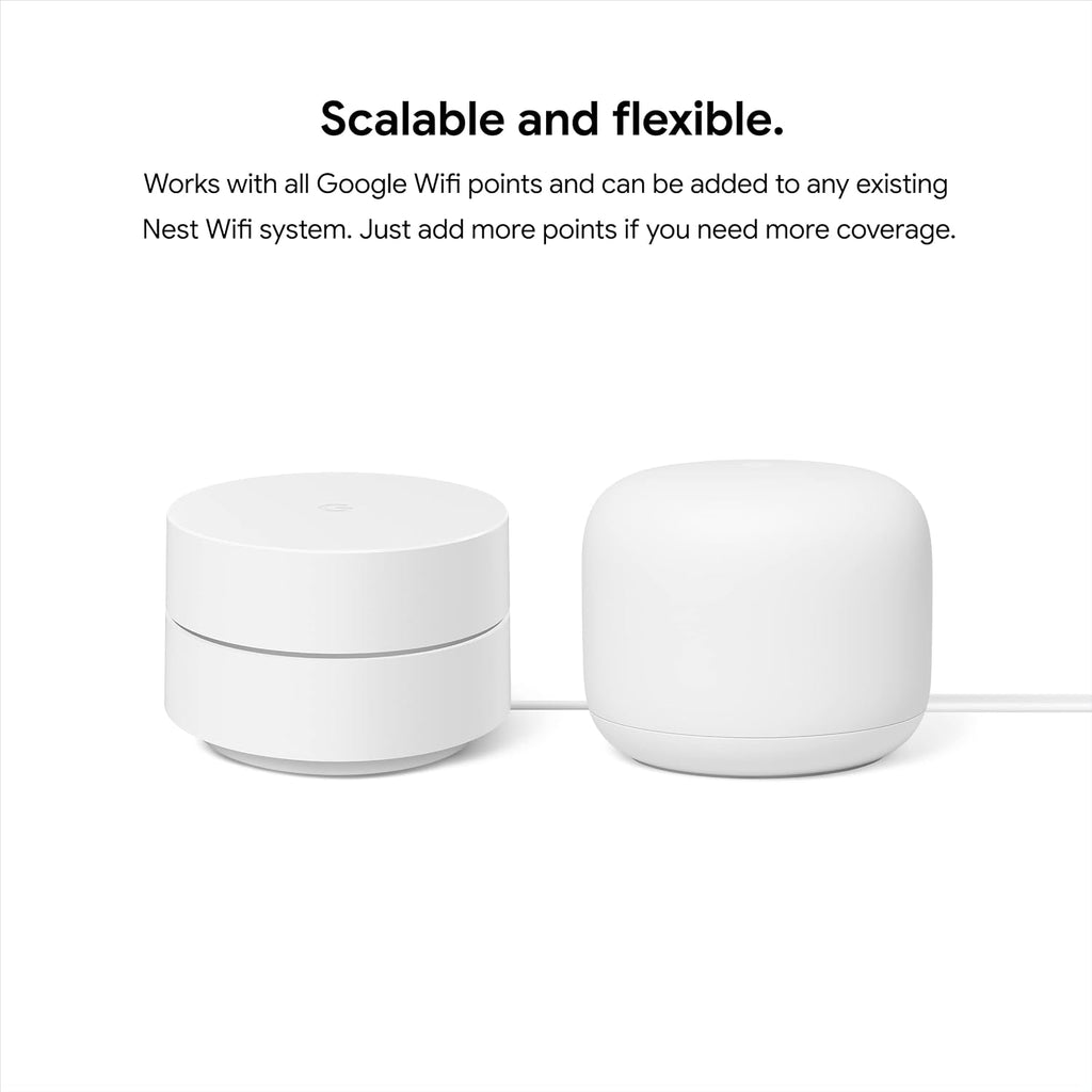 Google 2022 Nest WiFi Router and 2 Points - Mesh Router for Wireless Internet - Wi-Fi Extender with Smart Speaker - Works with Nest WiFi and Google WiFi Home Wi-Fi Systems - Snow (Renewed)