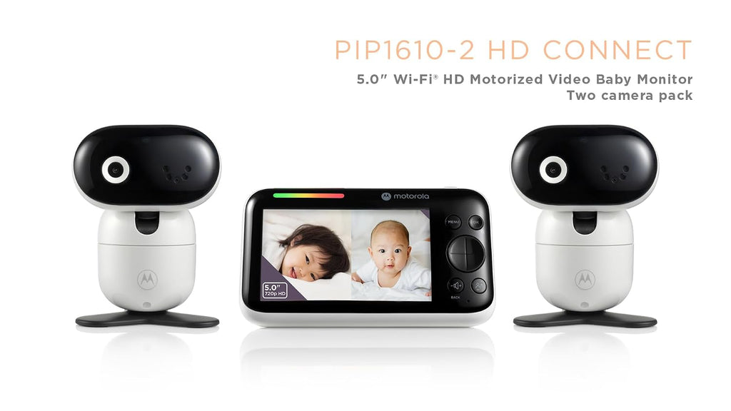 Motorola Nursery WiFi Baby Monitor with 2 Cameras, 5' Screen, Wall Mount, Long Range, 2-Way Audio, Temperature Sensor, Motorized, Lullabies, PIP1610-2 HD Connect