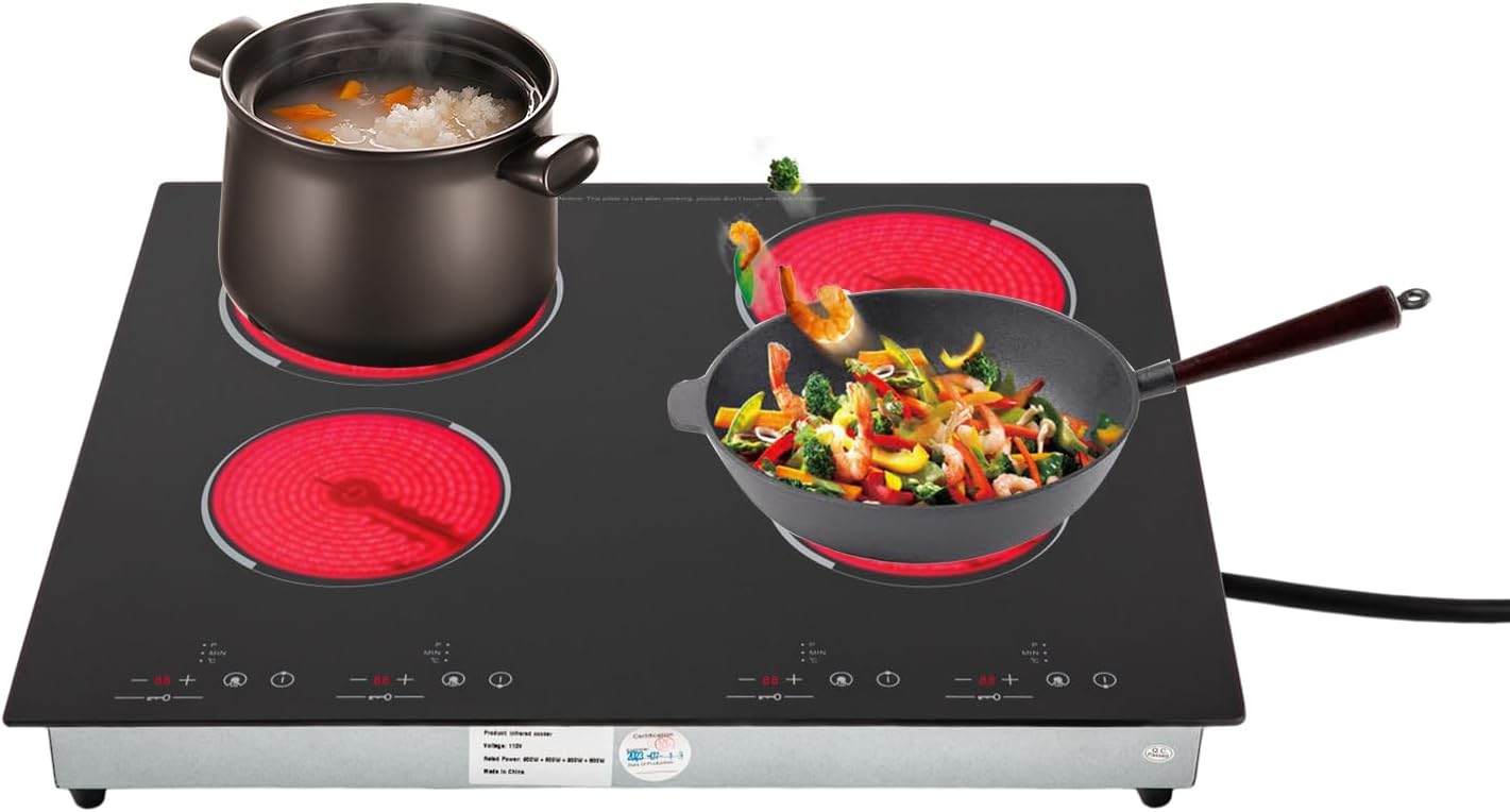 Electric Ceramic Cooktop 110V Built-in Electric Stove Top Induction Radiant Cooktop Sensor Touch Control 2/3/4 Burners 9 Power Levels, 120 Min Timer for Home All Cookware (4 Burners)