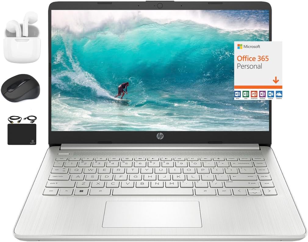 HP 2024 14' Laptop Notebook Thin Light Students Business, Quad-Core Intel N4120, 4GB RAM, 192GB (128GB eMMC+ 64GB Card), 1 Year Office 365, Webcam, WiFi, Windows 11S, HubxcelAccessory Silver