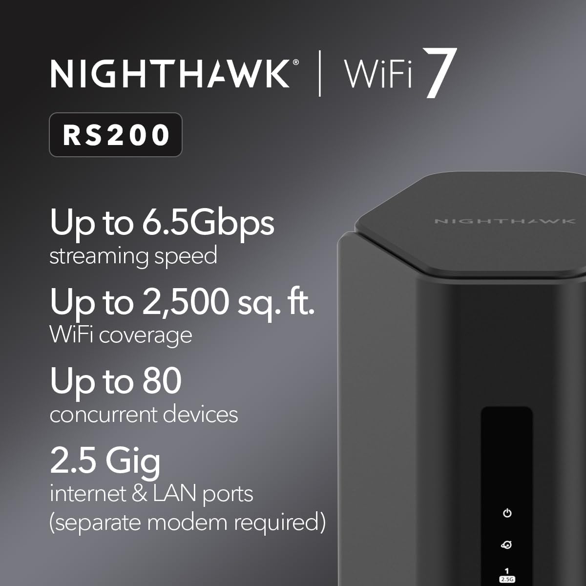 NETGEAR Nighthawk Dual-Band WiFi 7 Router (RS200) Router Only– BE6500 Wireless Speed (up to 6.5 Gbps) - Covers up to 2,500 sq. ft., 80 Devices – 2.5 Gig Internet Port - Free Expert Help