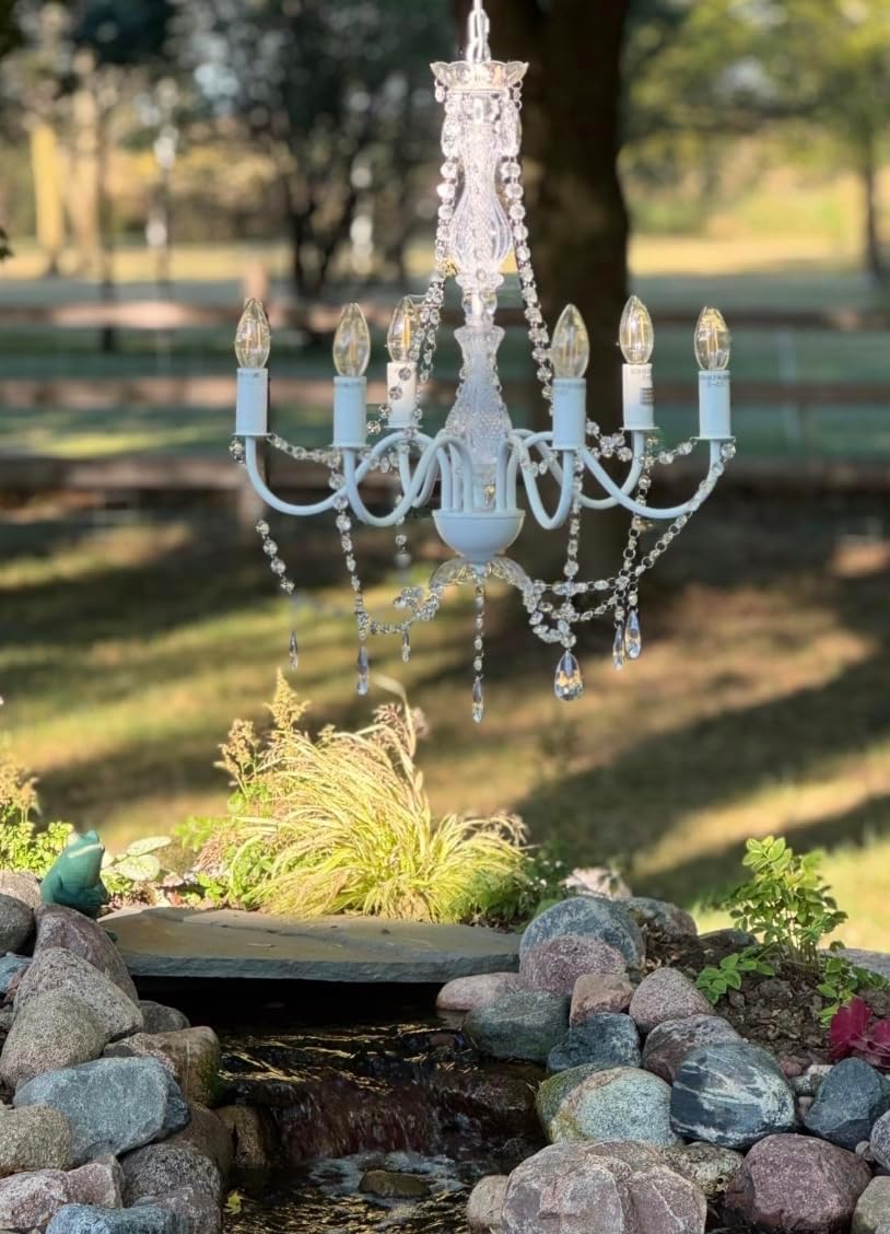 Outdoor 6 Light Plug-in Crystal White Chandelier H26'xW22', White Metal Frame, Clear Acrylic Crystals, and Low Voltage (12 Volts) IP65 Water Resistant Electrical Components