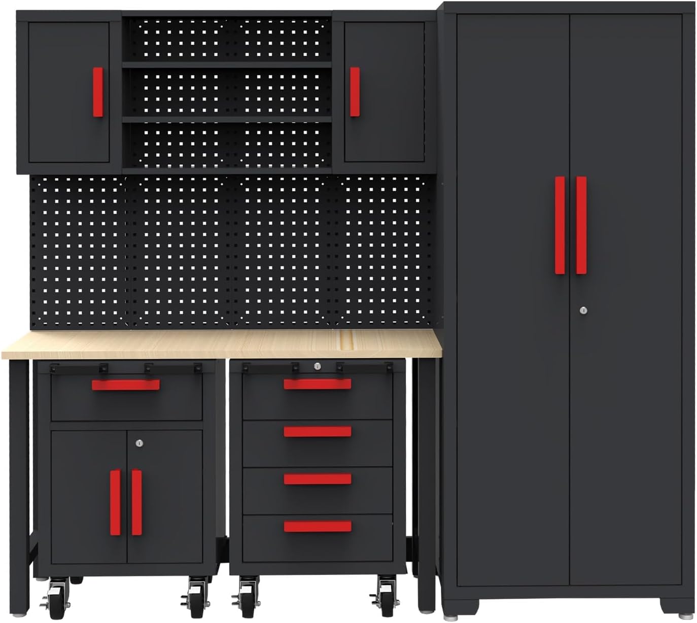 6-Pcs Garage Storage Cabinet System - Garage Workshop Set with Steel Cabinet Drawers, Rolling Chest, Workbench, Pegboard for Tool Organization