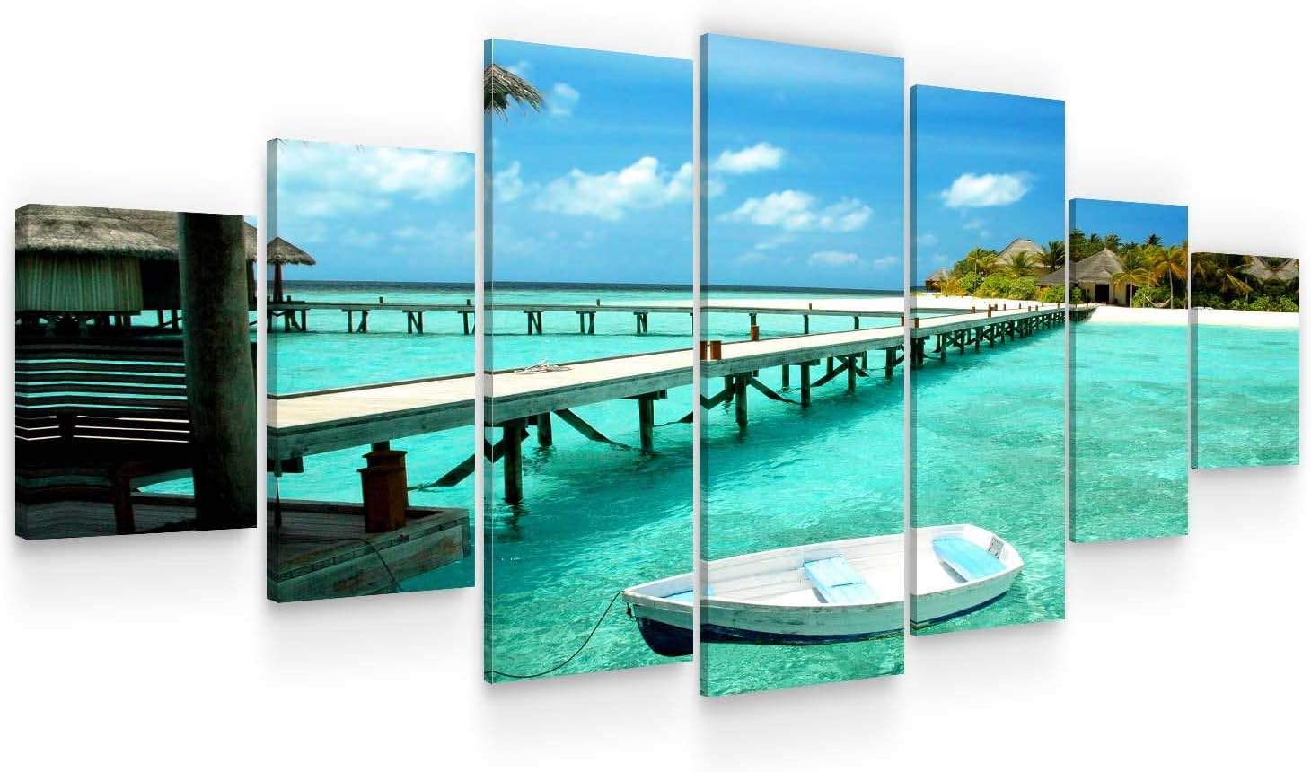 Startonight Large Canvas Wall Art Beach - White Boat at the Shore - Huge Framed Modern Set of 7 Panels 40' x 95'