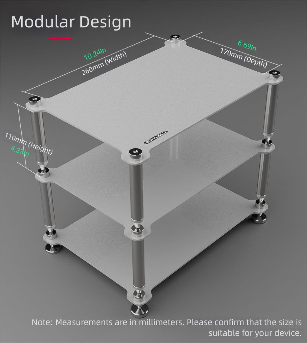 BOALECO FX2 Audiophile Audio Rack, 3-Tier Desktop HiFi Isolation Stand with Solid Aluminum Pillars, Modular Equipment Shelf for Amplifiers, DACs, and Preamps