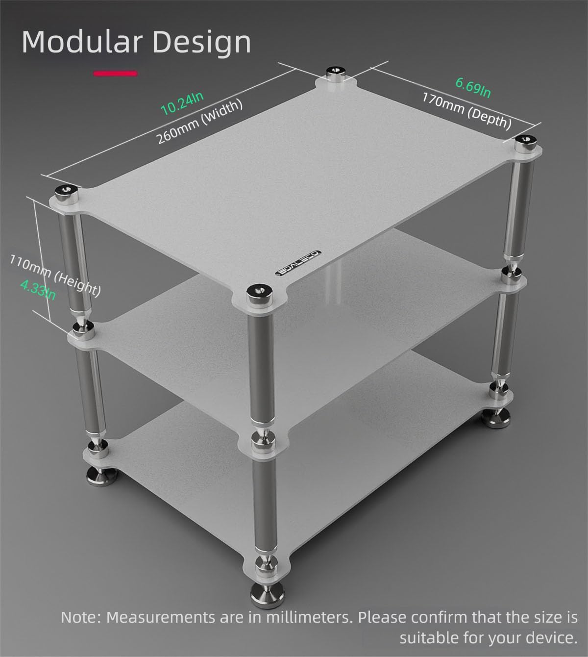 BOALECO FX2 Audiophile Audio Rack, 3-Tier Desktop HiFi Isolation Stand with Solid Aluminum Pillars, Modular Equipment Shelf for Amplifiers, DACs, and Preamps