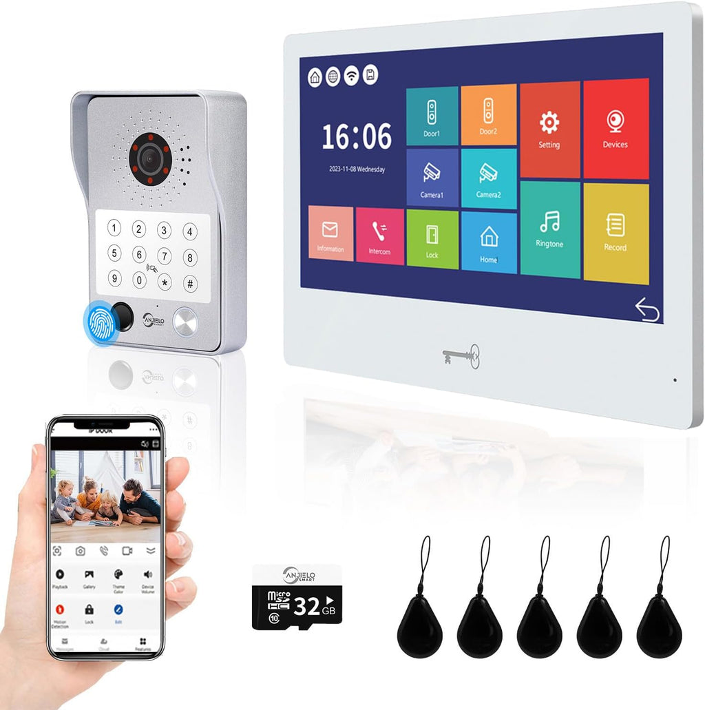 Wired Video Door Phone Apartment Intercom System,WiFi 10 Inch Touch Monitor 1080P Doorbell Camera,Supporting 5 in 1 Unlcking,Motion Detecting,RFID Card Unlocking for Home Tuya,32G