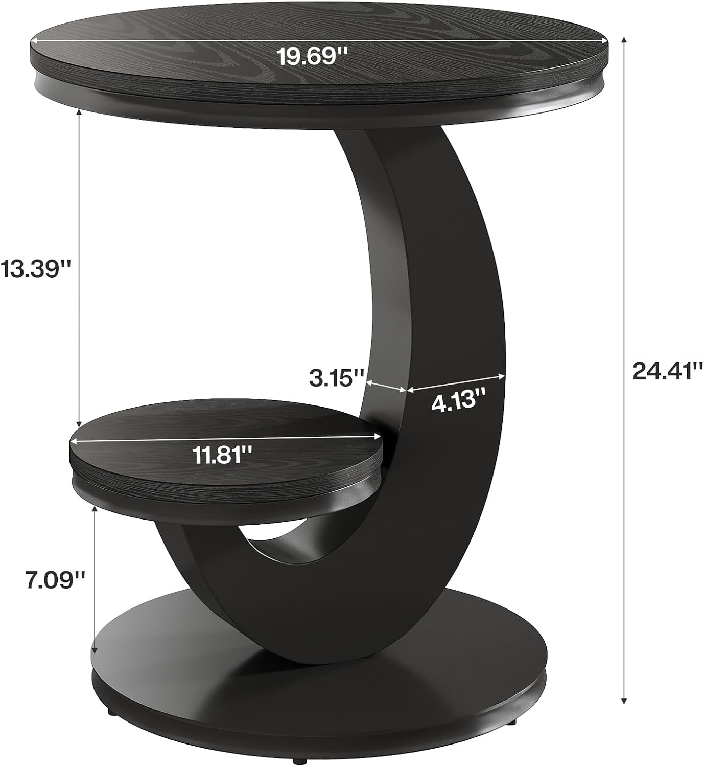 Tribesigns Round End Table, 2 Tiers Side Table with Storage Shelf, Sofa Side Bedside Nightstand with Wood Metal Arc-Shaped Frame for Small Spaces, Living Room, Bedroom, Easy to Assemble, Black (1PCS)