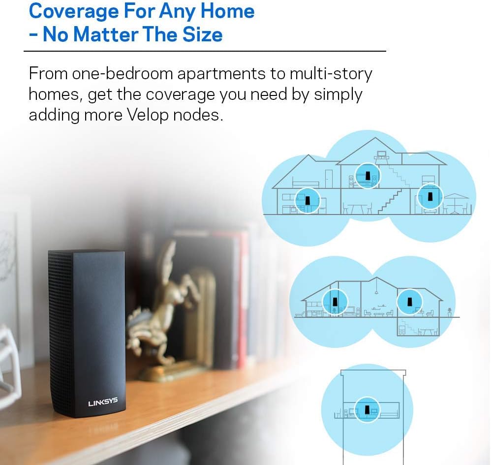 Linksys Velop Mesh Home WiFi System, 4,000 Sq. ft Coverage, 40+ Devices, Speeds up to (AC2200) 2.2Gbps, Black - WHW0302B