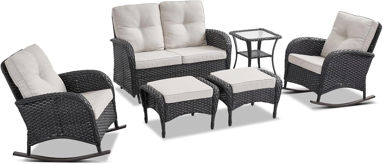 Belord 6 Pieces Outdoor Patio Furniture Set with Wicker Rocking Chairs, Rattan Patio Conversation Set with Glider Loveseat Ottomans and Side Table Black/Beige