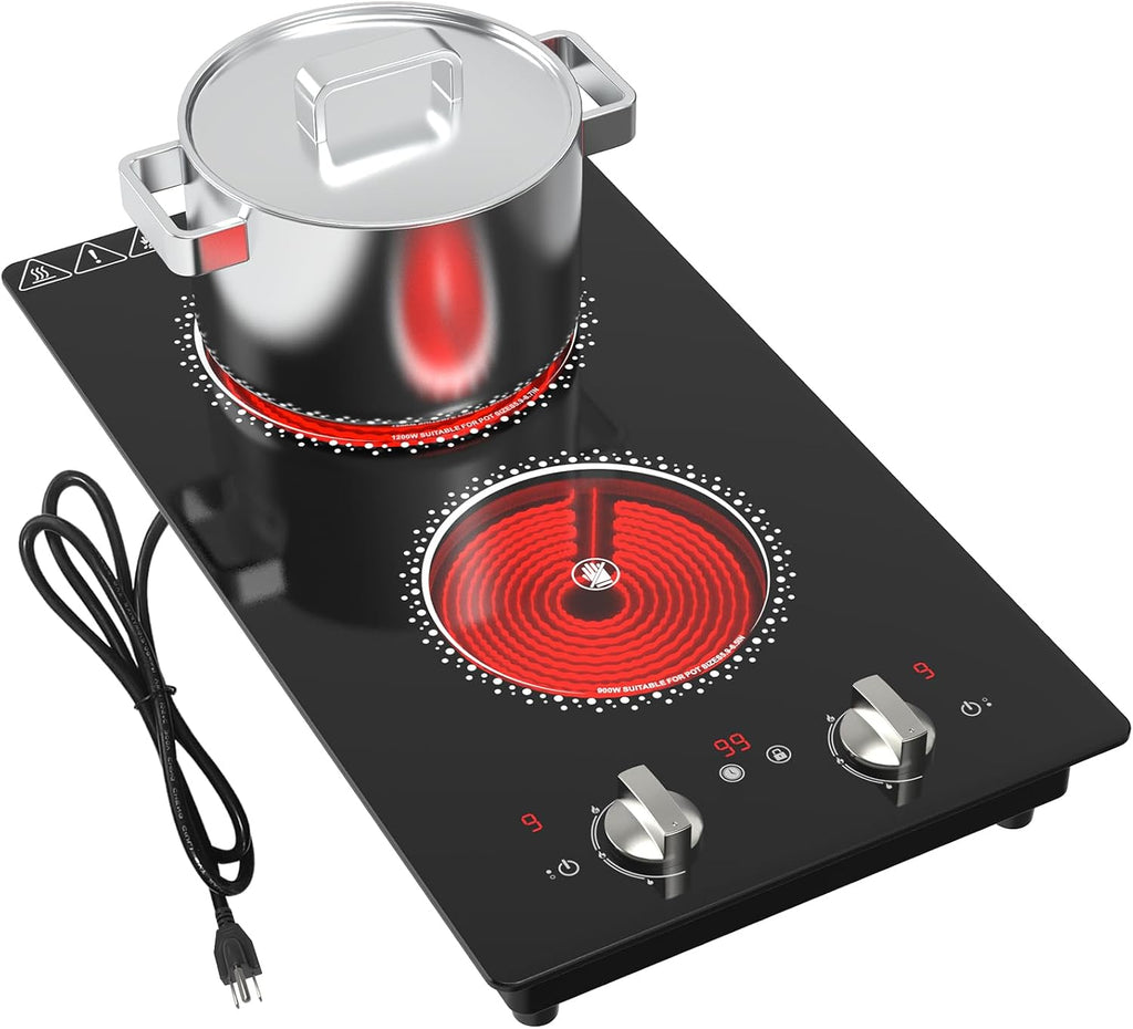 2 Burner Electric Cooktop - 12 Inch Electric Stove Top with Plug, 2100W Countertop Burners & Built-In Stove Top, 9 Levels of Power, Knob Control, Timer & Kid Safety Lock, Residual Heat Warning