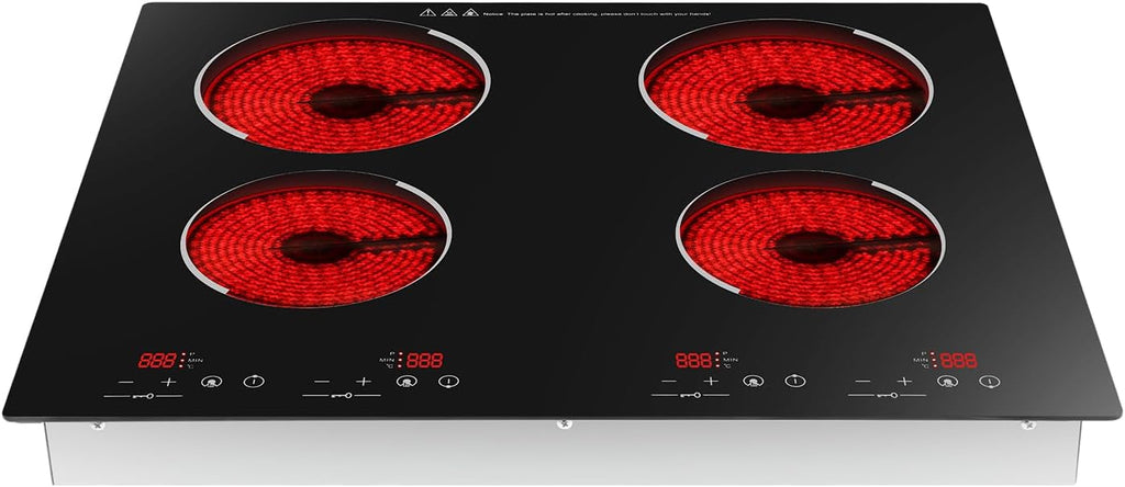 4 Burners 3000W Electric Cooktop, 21inch Electric Hot Plate Ceramic Cooktop with Timer, 9 Heating Level, Kid Safety Lock, Sensor Touch Control, for Kitchens Offices