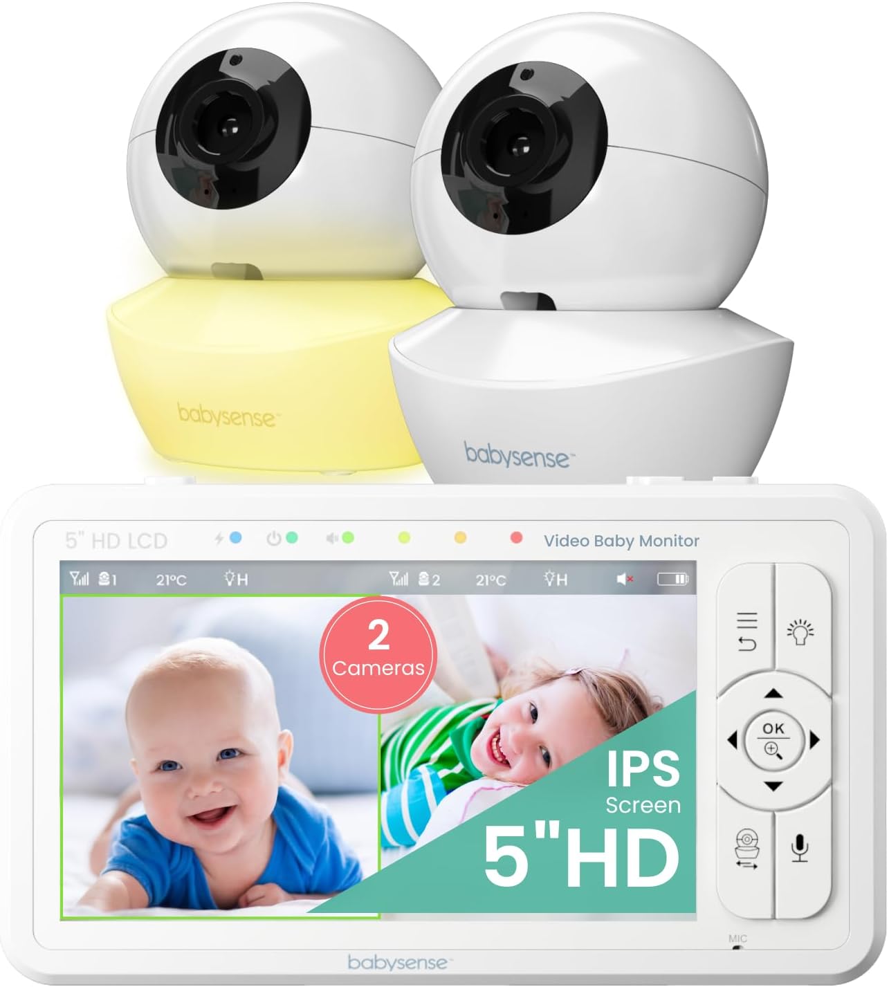 Babysense 5' HD Split-Screen Baby Monitor, Video Baby Monitor with 2 Cameras and Audio, Night Light, 1000ft Range, Two-Way Audio, 4X Zoom, Night Vision, 4000mAh Battery