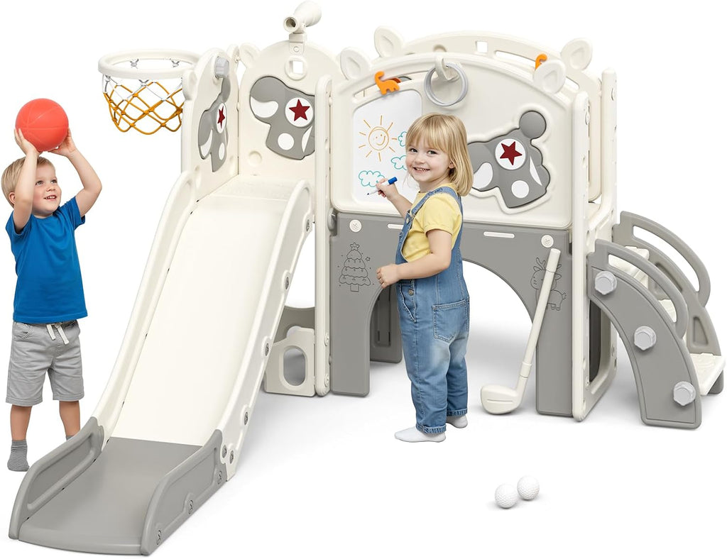 Mloong Toddler Slide for Kids - 10 in 1 Kids Slide for Toddlers Baby 1-3 Years Old, Indoor and Outdoor with Basketball Hoop Golf Drawing Set, Easy Assembly Elk Theme (Beige & Gray)(54×62×39in)