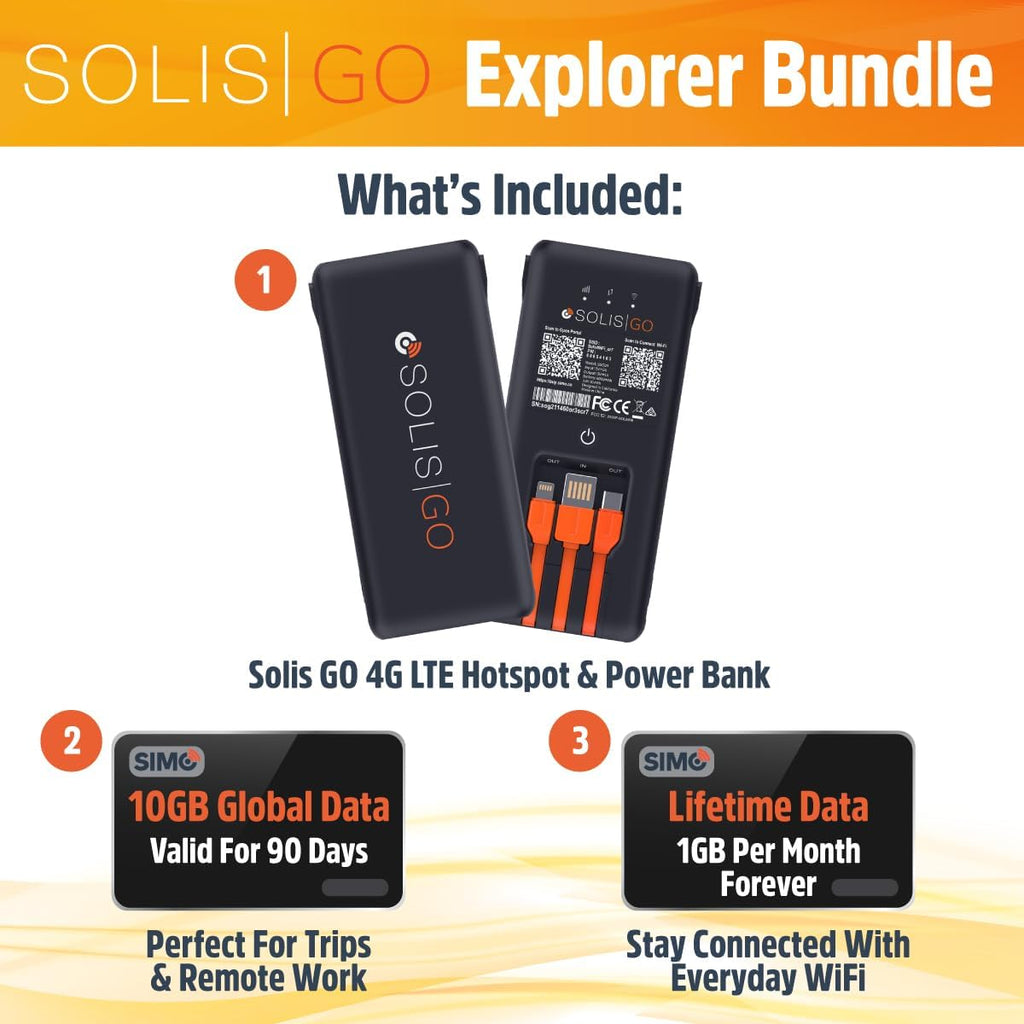 SIMO Solis Go High Speed Mobile Hotspot WiFi Power Bank with Built-in Charging Cables, 140+ Countries, No SIM Card or Contract, Multi-Carrier Network, 20 Devices, 1GB/Month Lifetime + 10GB Global Data