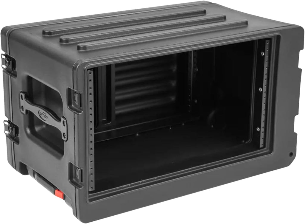 SKB 6U rSeries Shallow Rolling Rack with Integrated Back Wheels and 1-Touch Pull Handle, Comes with 8 Rack Units and Interlocking Molded Stacking Bars