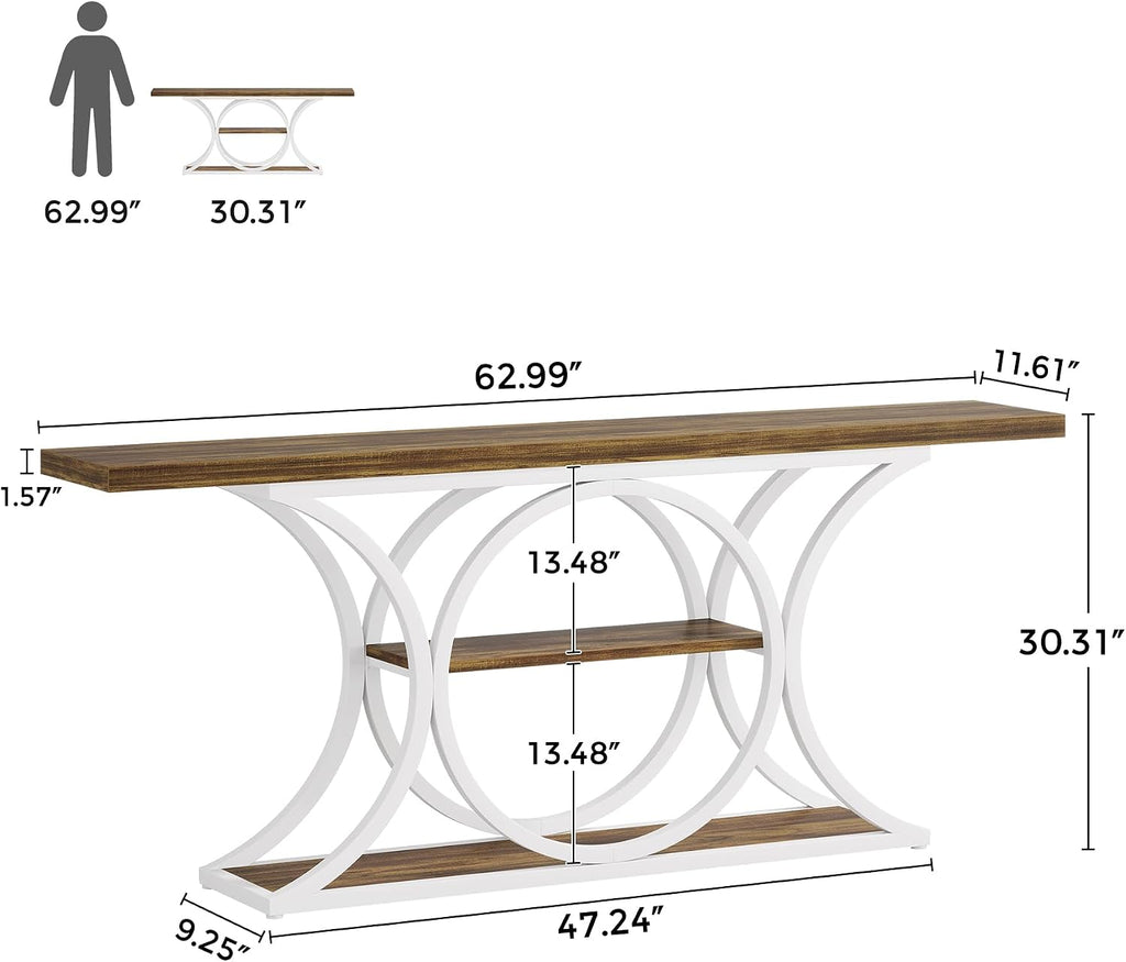 63 inch Extra Long Sofa Table, Rustic Industrial Entry Console Table, Behind Couch Table with Black Metal Frame, 3 Tier Storage Shelves for Hallway, Entryway & Living Room, Light Brown & White