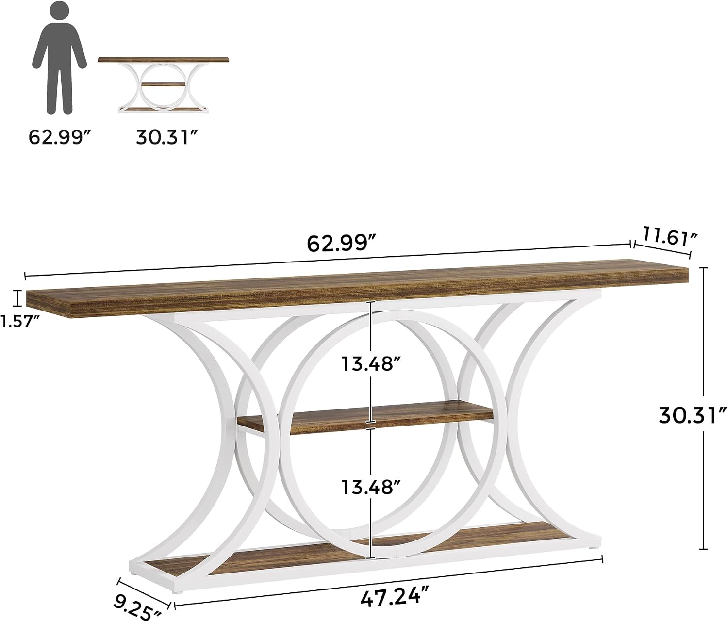 63 inch Extra Long Sofa Table, Rustic Industrial Entry Console Table, Behind Couch Table with Black Metal Frame, 3 Tier Storage Shelves for Hallway, Entryway & Living Room, Light Brown & White