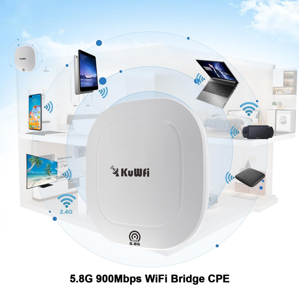 KuWFi 5.8G Gigabit Point to Point WiFi Bridge Kit,TDMA 10KM Long Range Outdoor Point to Point Wireless Bridge CPE, Extending WiFi to outbuildings，Support Starlink Router/Camera