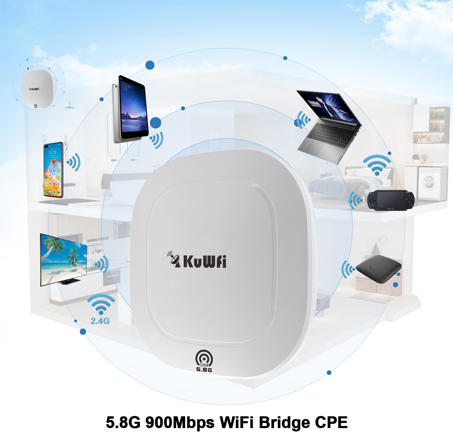 KuWFi 5.8G Gigabit Point to Point WiFi Bridge Kit,TDMA 10KM Long Range Outdoor Point to Point Wireless Bridge CPE, Extending WiFi to outbuildings，Support Starlink Router/Camera