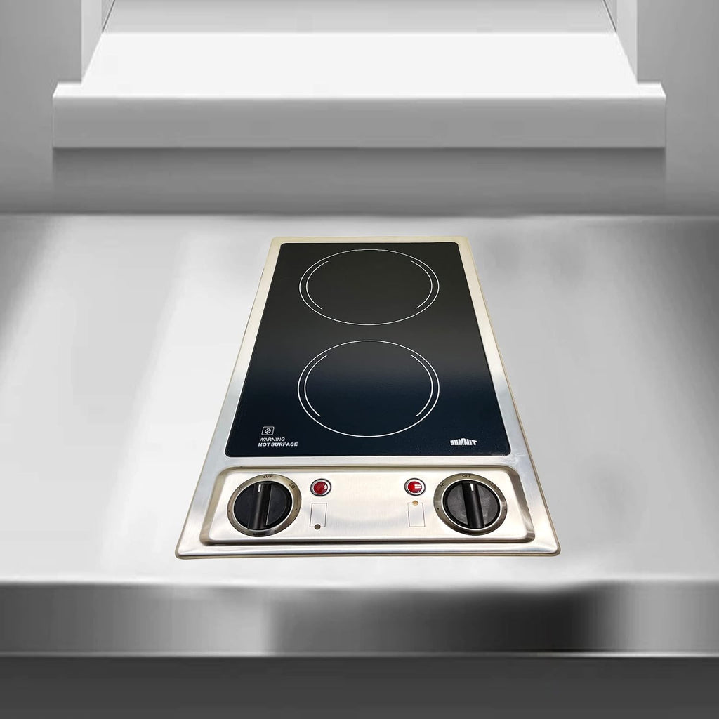 Summit CR2B120 12-inch Wide 115V 2-Burner Radiant Electric Cooktop, Jet Black Glass Easy to Clean, Two Burner Total 2400W, Push-to-Turn Knob Control, Indicator Light, Hot Warning, Easy Plug-In