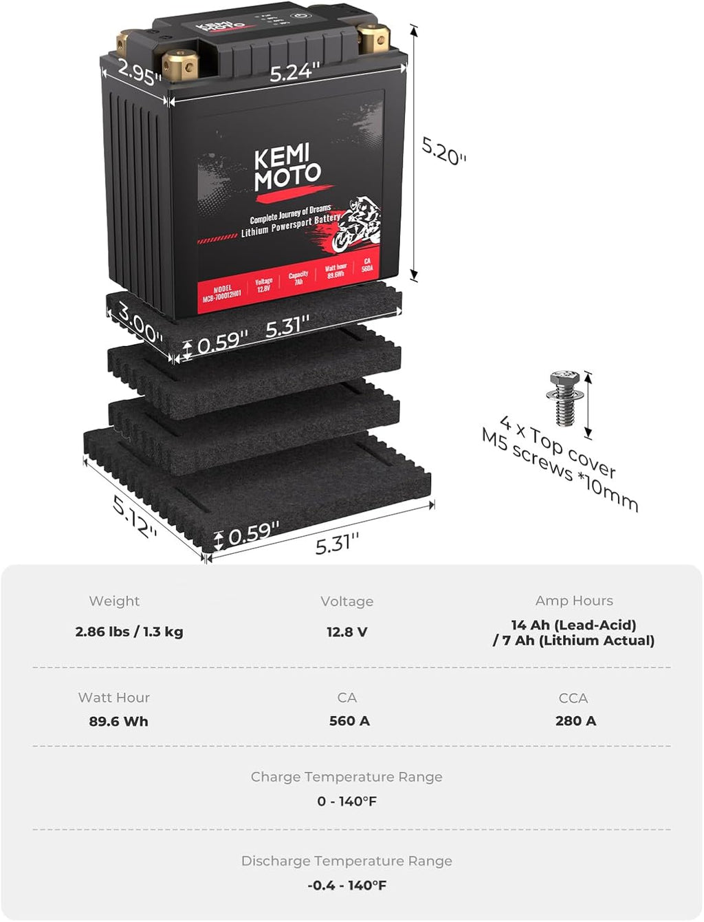 KEMIMOTO Lithium Motorcycle Battery YTX15L-BS/YTX14AH-BS LiFePO4 Lithium Battery 12v 7Ah, Pre-Charged Powersports Battery, with 4 Universal-Fit EVA Spacers, Compatible with Motorcycle ATV Jet Ski