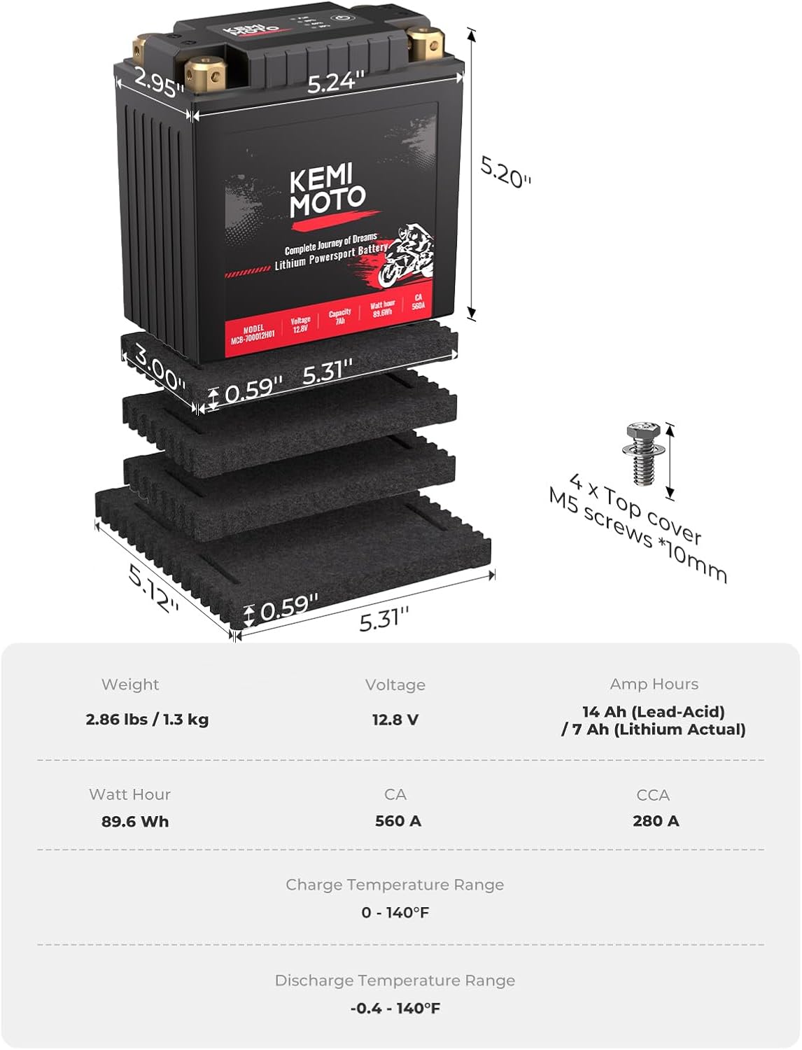 KEMIMOTO Lithium Motorcycle Battery YTX15L-BS/YTX14AH-BS LiFePO4 Lithium Battery 12v 7Ah, Pre-Charged Powersports Battery, with 4 Universal-Fit EVA Spacers, Compatible with Motorcycle ATV Jet Ski